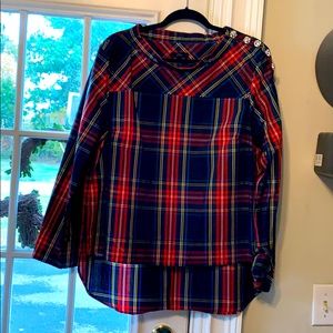 Holiday plaid, jeweled shoulder, high low hem